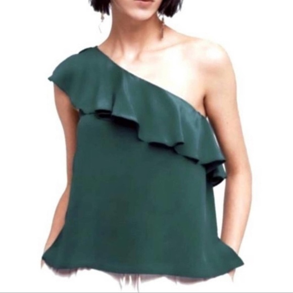 Maeve Holly Silk One Shoulder Ruffle Blouse Emerald Green Size 4 - Picture 1 of 5